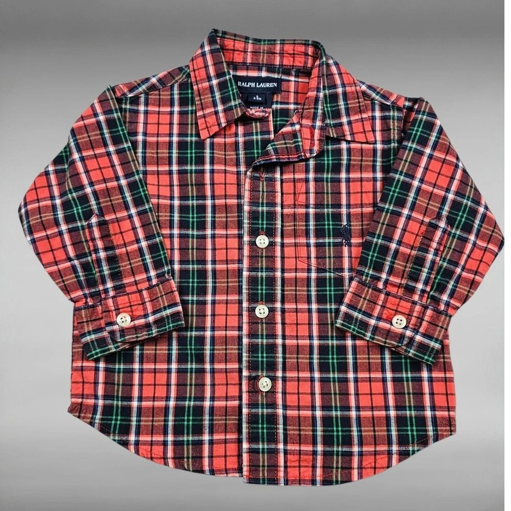 VIntage Y2K Ralph Lauren Button Down Plaid Preppy‎ Pony Logo Shirt Boys 3-6M